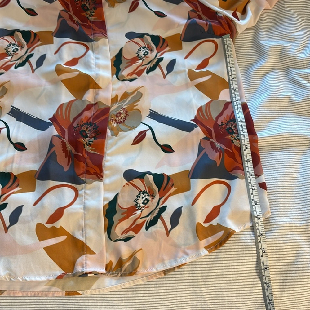 CLEO Floral Print Women's Top relaxed fit crepe blouse button up cream brown XL - Picture 12 of 14